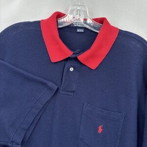 Vintage Polo Ralph Lauren Polo Shirt Mens XL Navy Red Collar Waffle Knit USA 90s